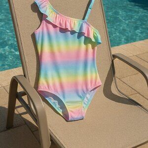 Angel Beach Swimsuit One Piece Ruffled Trim Rainbow Pastel Stripes Size 12